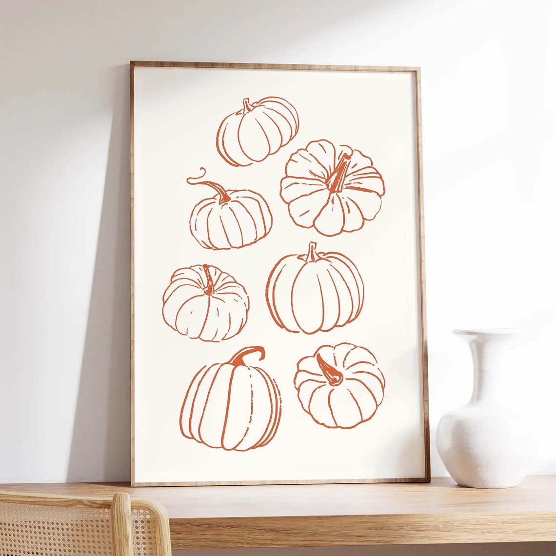 Orange Pumpkin Line Drawings Rustic Fall Art Wall Decor Poster - Image 4
