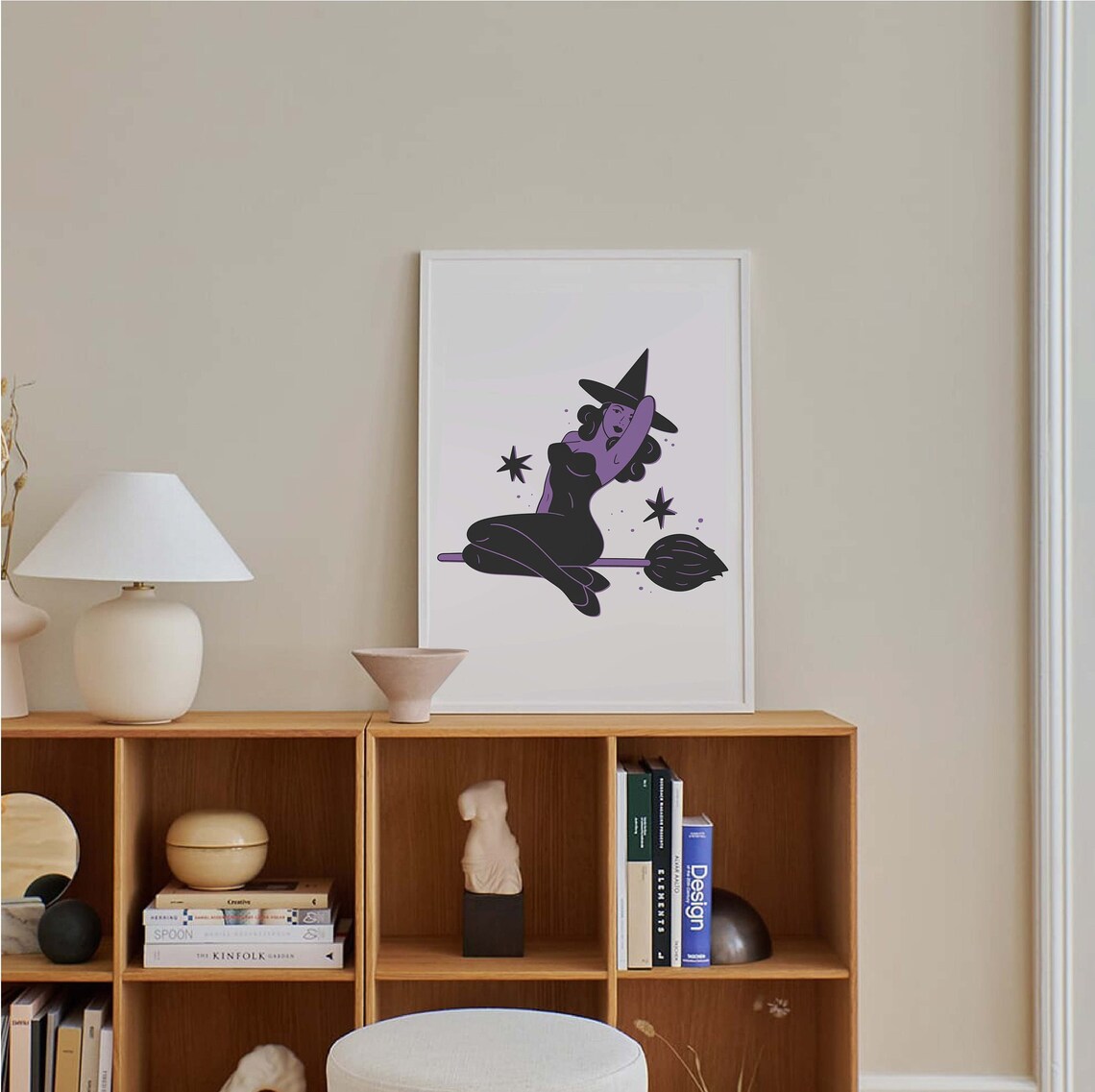 Pin Up Witch Riding Broom White Cute Retro Halloween Art Poster - Image 4