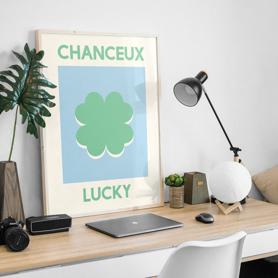 Chanceux Lucky Green Clover Minimalist Blue Modern Art Poster - Image 4