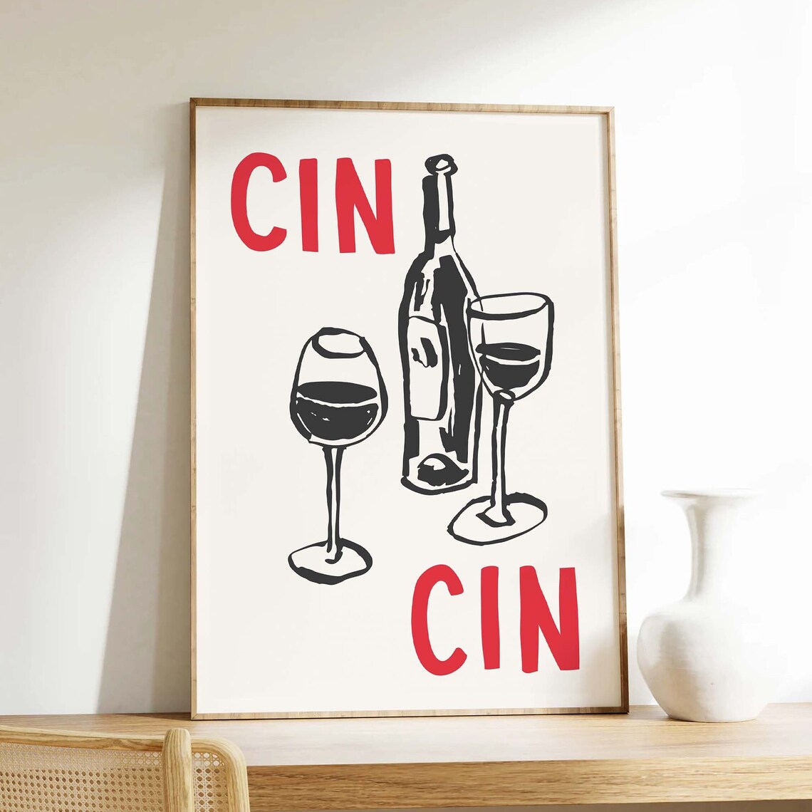 Cin Cin Cheers Red and Black Wine Bottle Glasses Bar Art Poster - Image 2