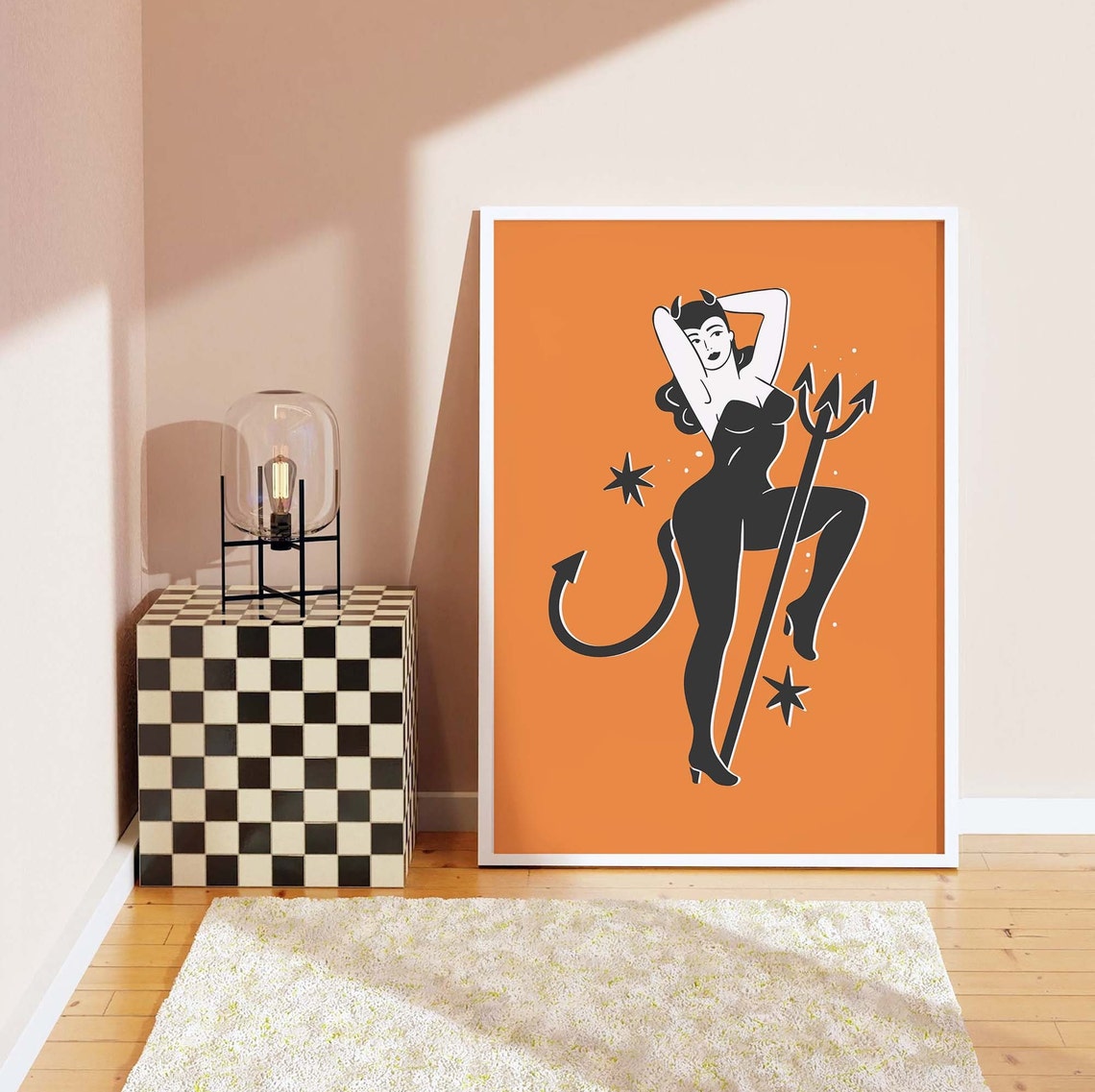 Devil Pinup Print Art Cute Orange Halloween Wall Decor Trendy Halloween Wall Art Spooky Season Poster - Image 3