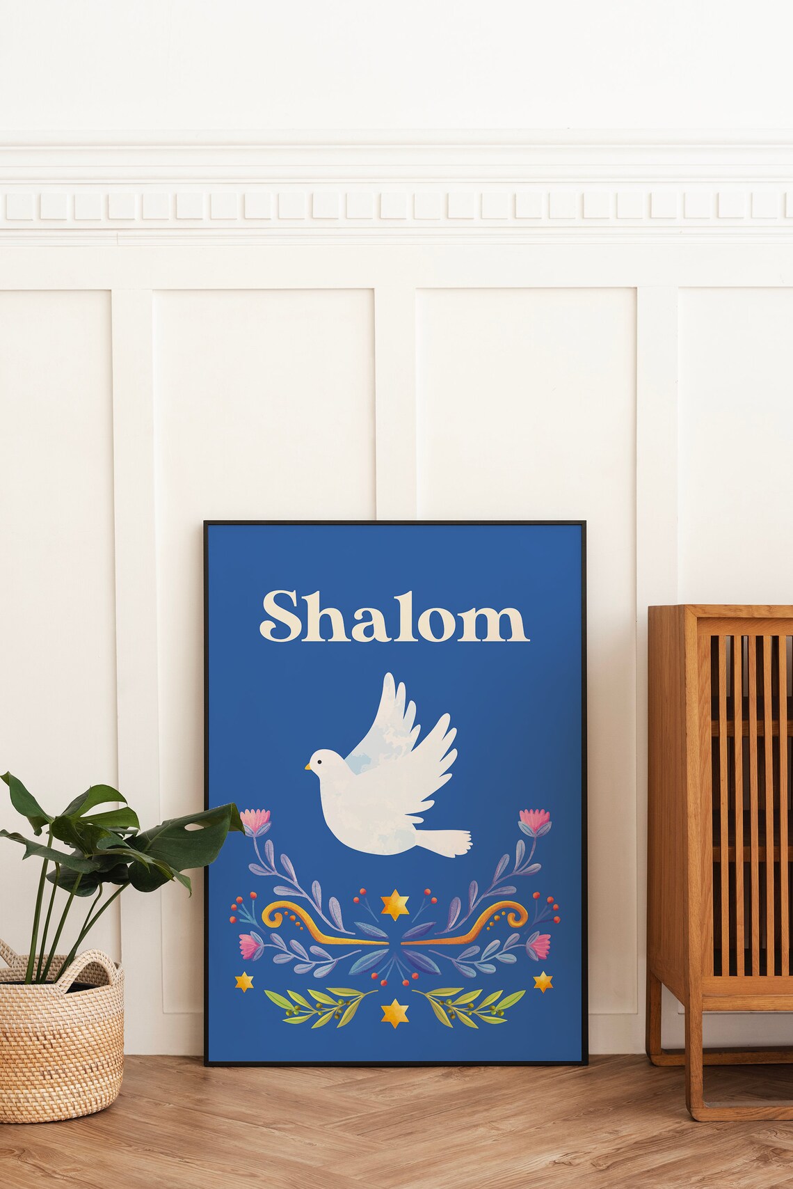 Shalom White Dove Blue Folk Art Peace Jewish Holiday Wall Poster - Image 3