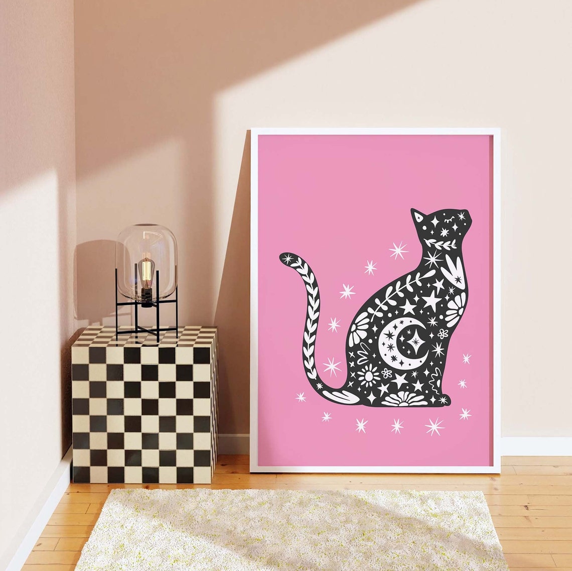 Black Celestial Cat Pink Background Halloween Spooky Cute Poster - Image 3