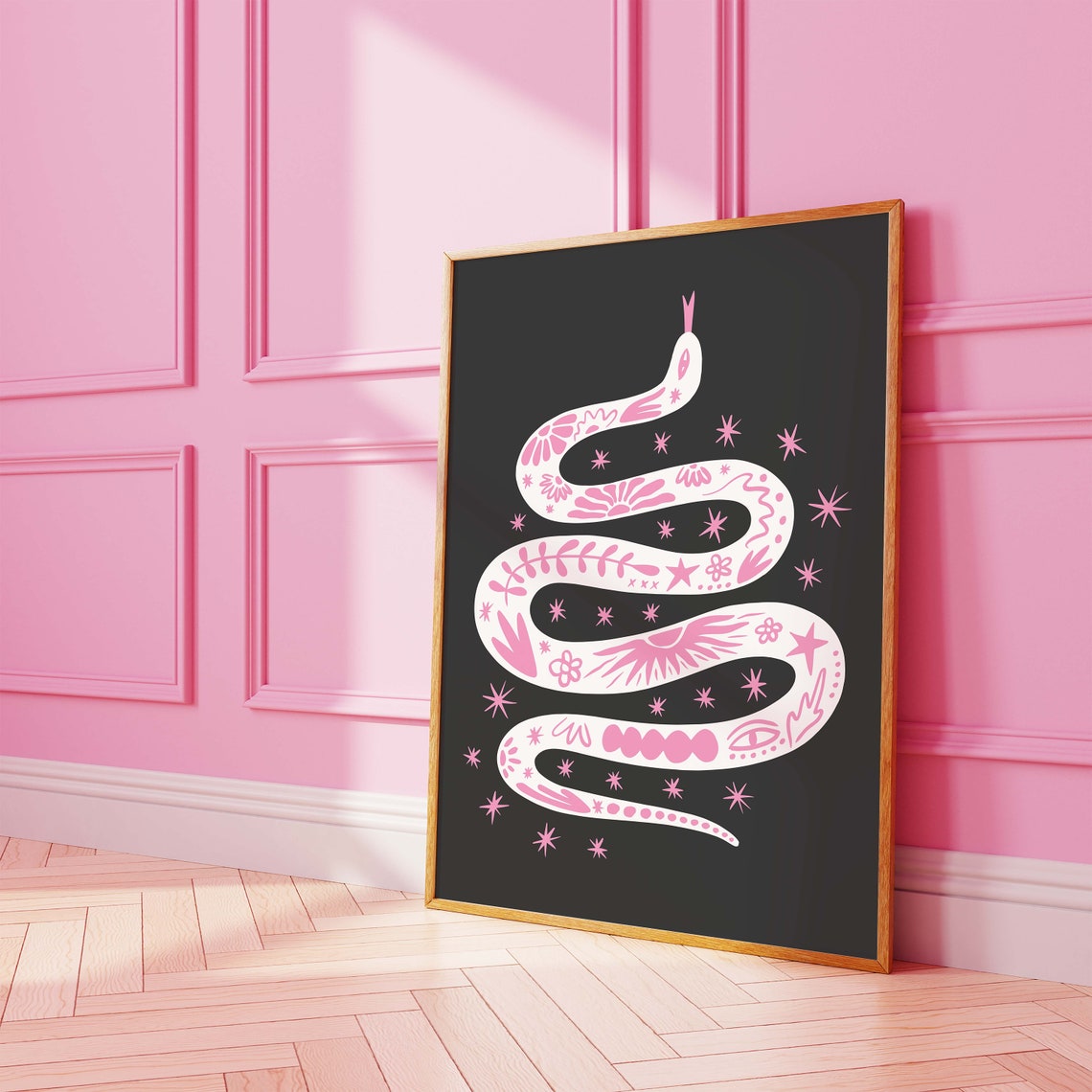 Boho Tattoo Snake White Illustration Black Starry Art Poster - Image 4