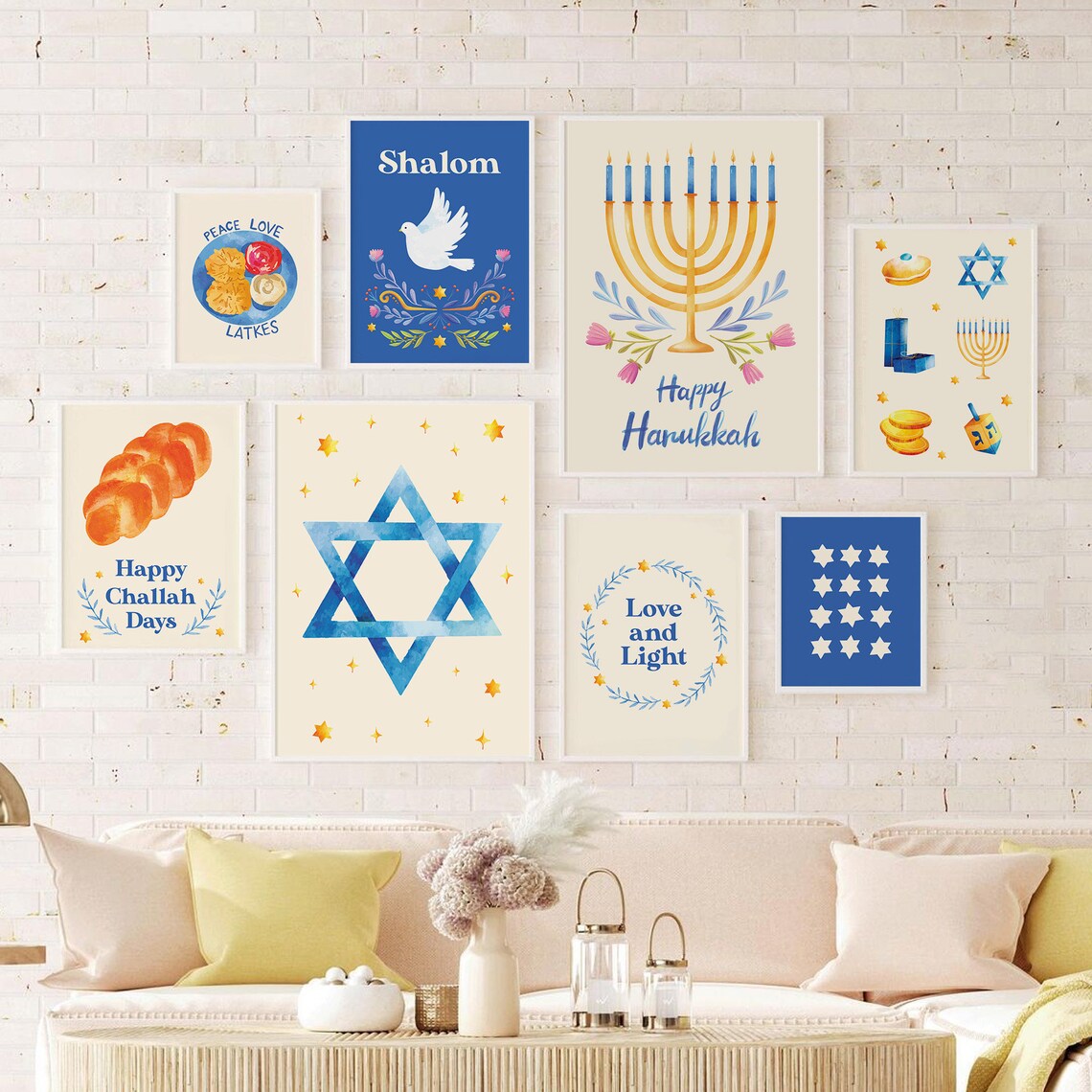 Hanukkah Gallery Wall Set 8 Blue Jewish Holiday Poster Collection - Image 4