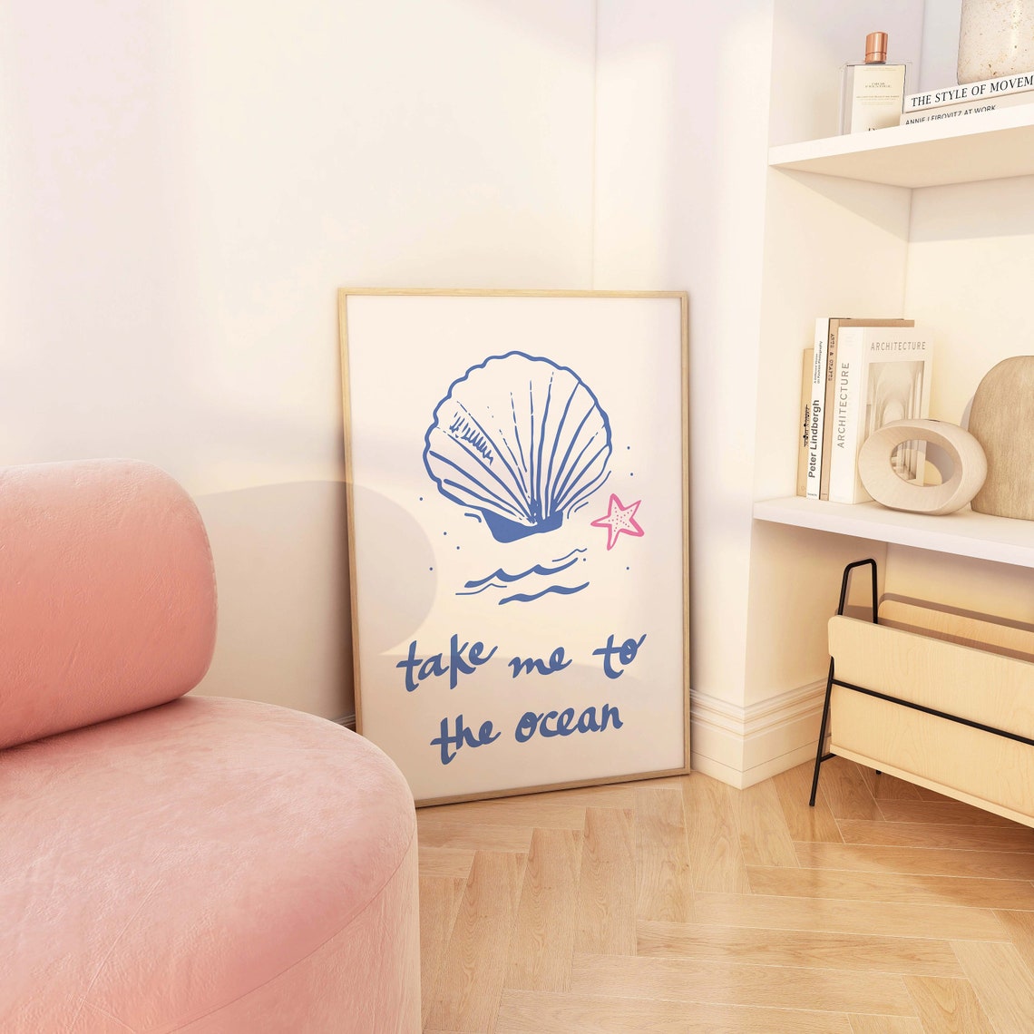 Take Me To The Ocean Quote Blue Shell Pink Starfish Beach Poster - Image 3