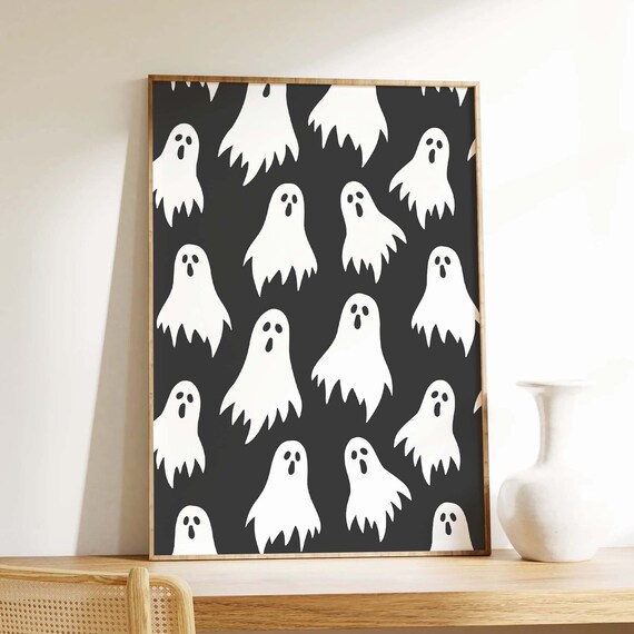 Cute White Ghosts on Black Halloween Art Poster for Spooky Decor