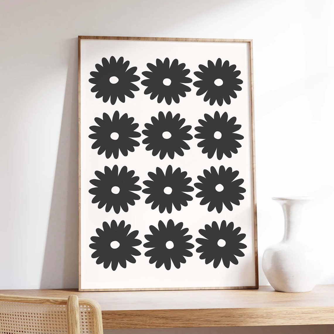 White Daisy Flower Grid Black Background Botanical Minimal Poster - Image 4