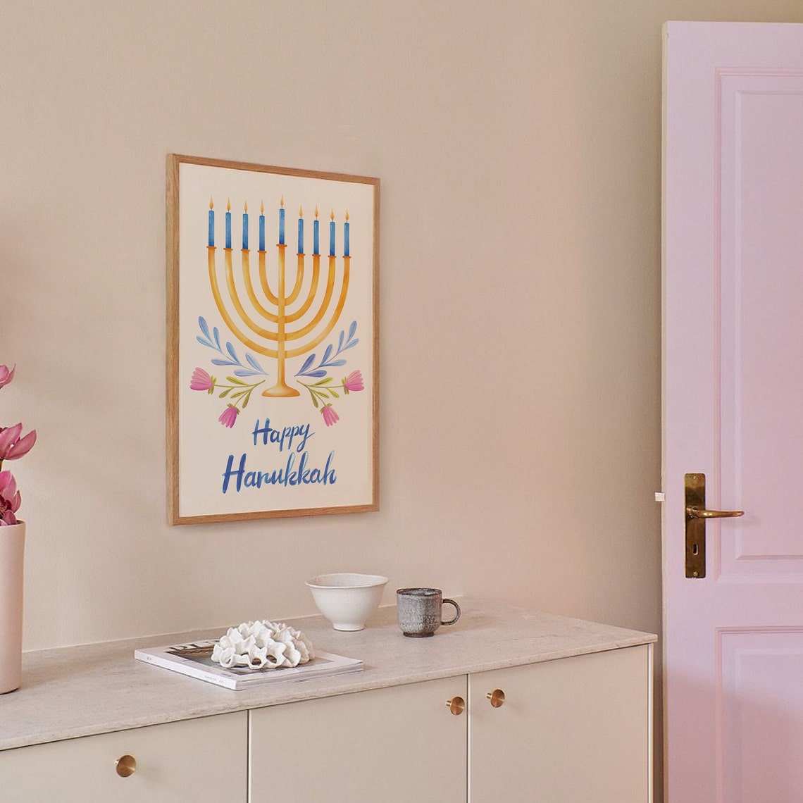Happy Hanukkah Gold Menorah Blue Candles Floral Holiday Poster - Image 5