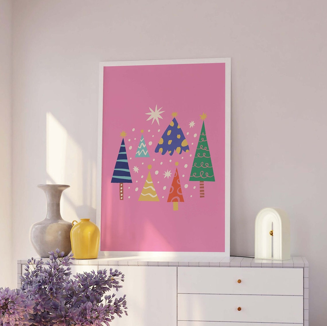 Six Colorful Patterned Christmas Trees Pink Retro Holiday Poster - Image 2