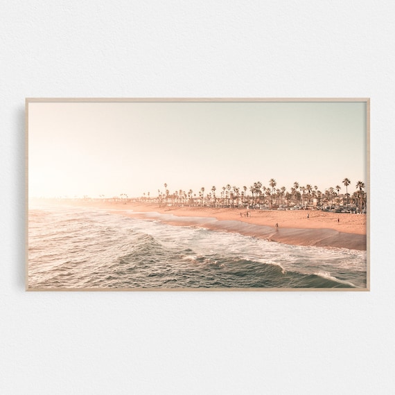Sunset Beach Palm Trees Ocean Waves Photography Print Coastal Art