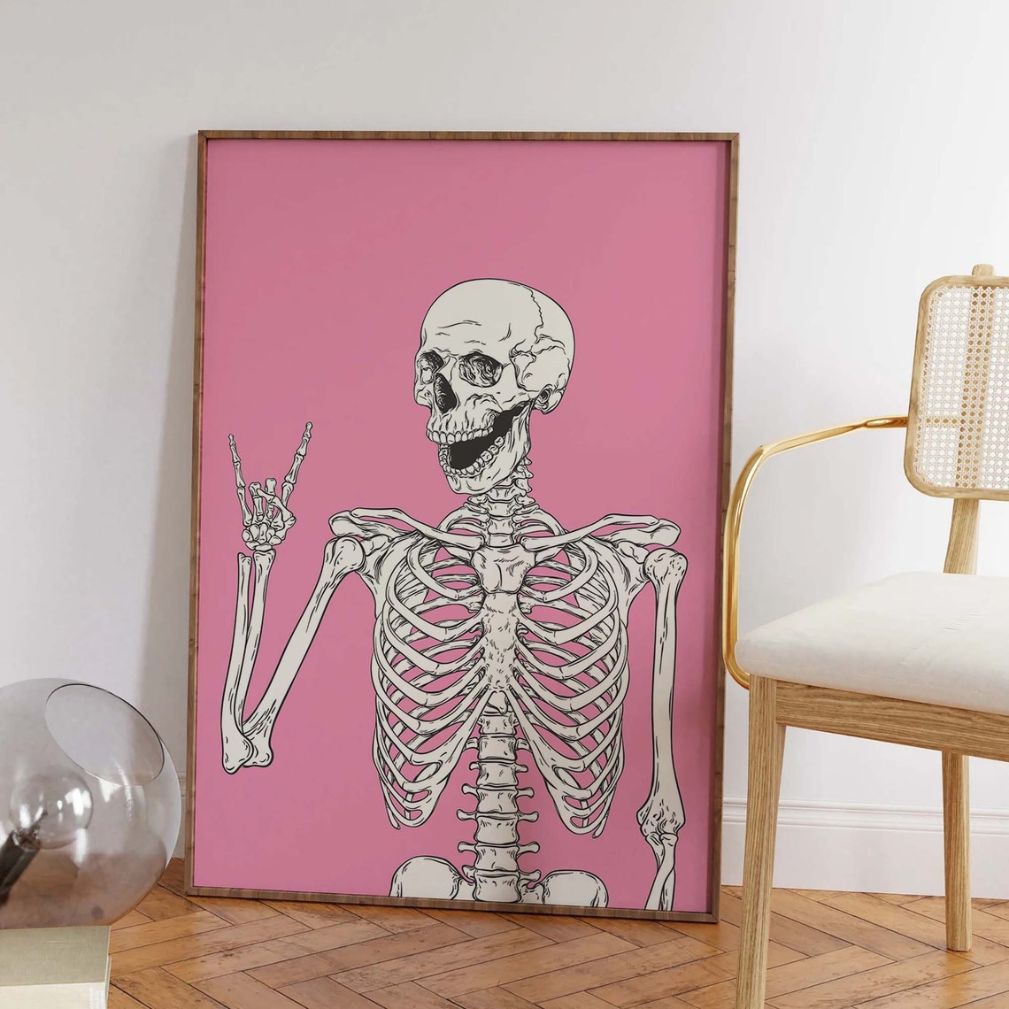 Laughing Skeleton Peace Sign Anatomical Pink Halloween Wall Art - Image 6