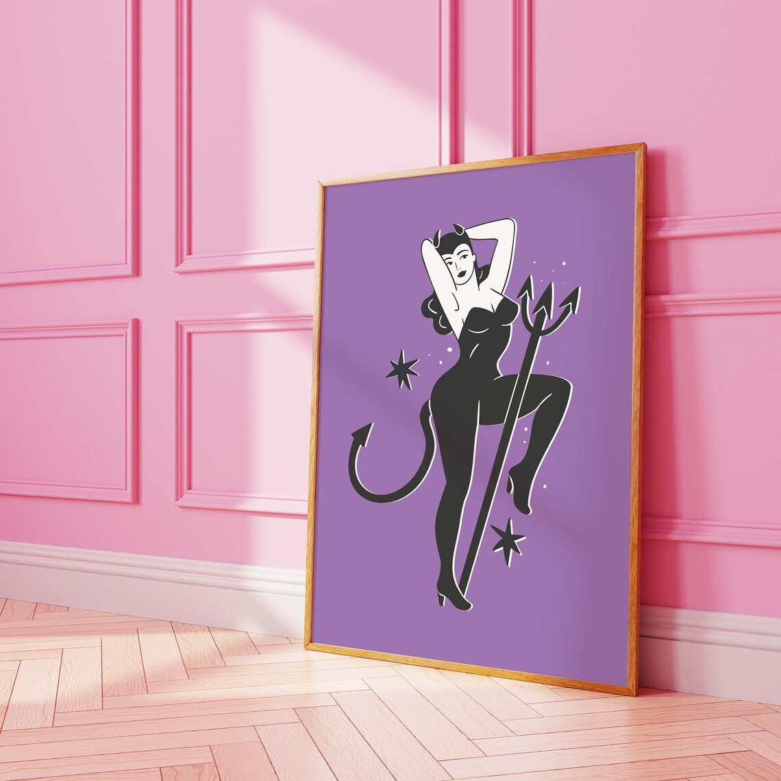 Pin Up Devil Girl Trident Purple Cute Retro Halloween Art Poster - Image 4
