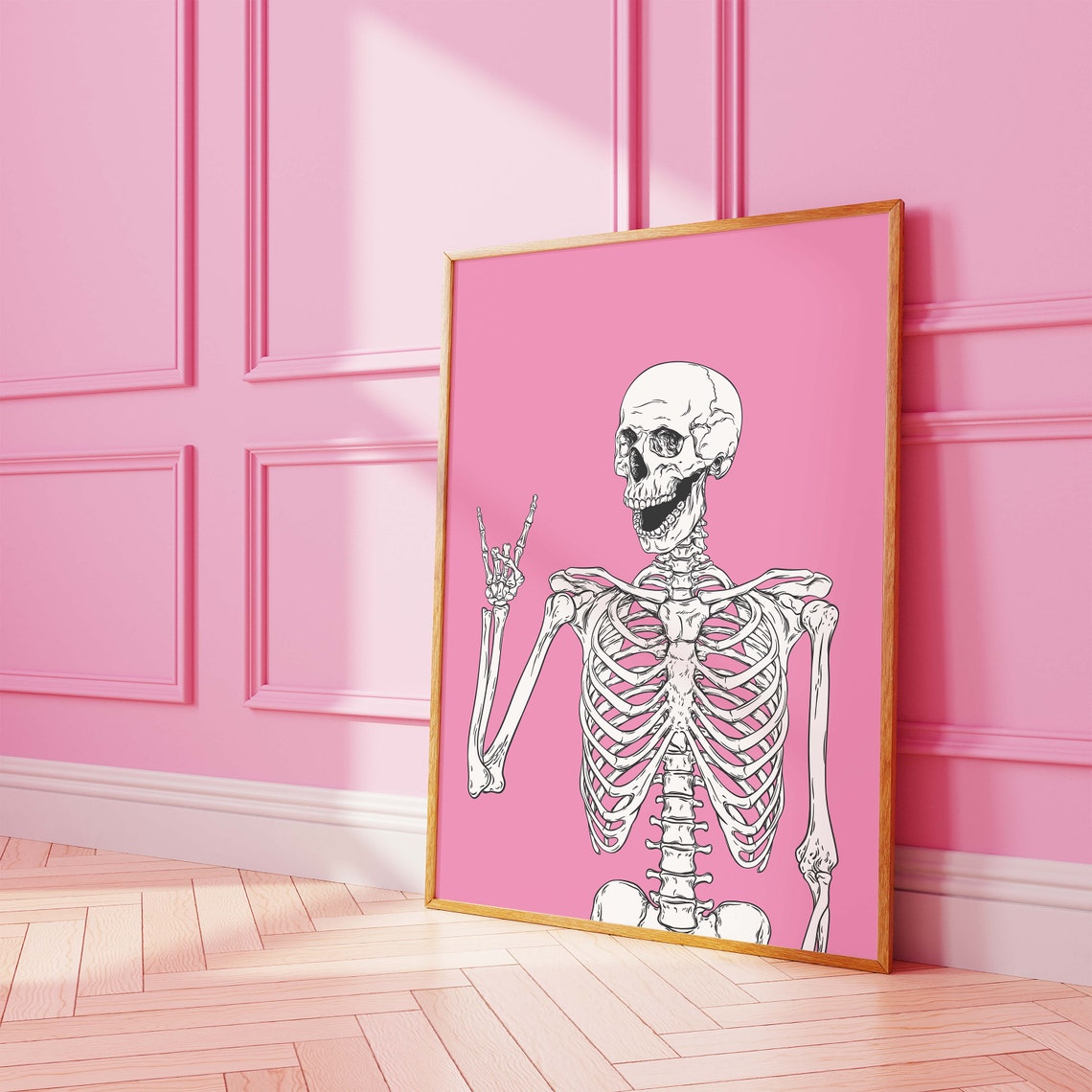 Laughing Skeleton Peace Sign Anatomical Pink Halloween Wall Art - Image 4