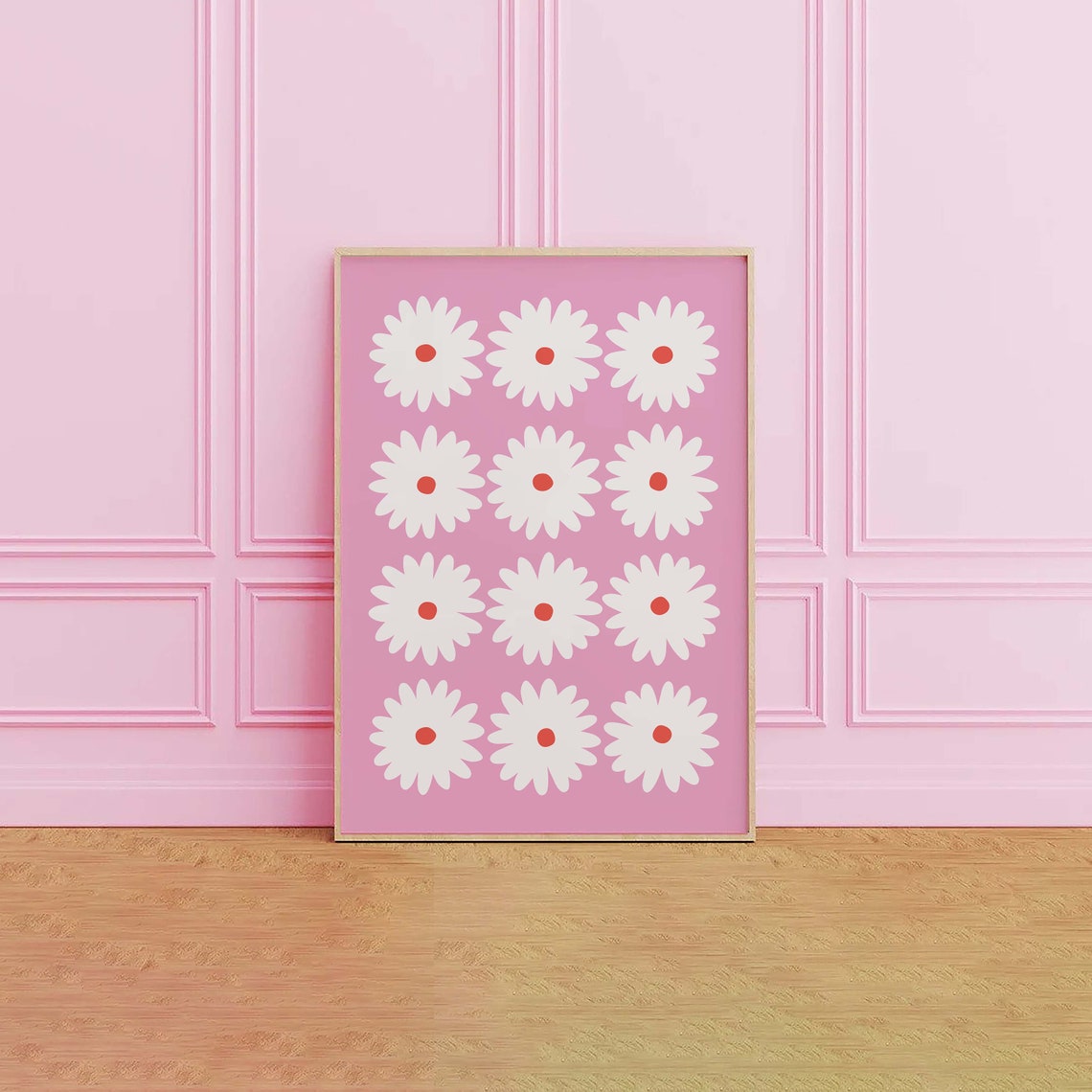 White Daisy Grid Soft Pink Background Retro Floral Art Poster - Image 3