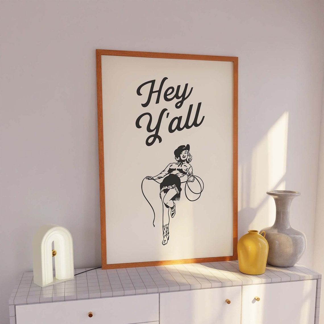 Hey Yall Black Pinup Cowgirl Lasso Retro Western Script Art Poster - Image 3