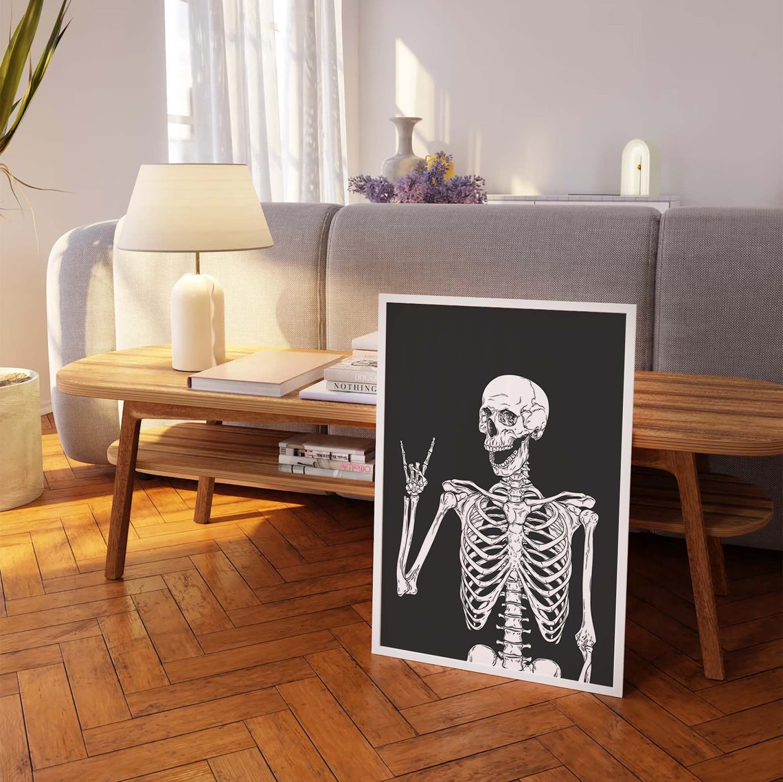 Funny Gothic Skeleton Peace Sign Black Background Art Poster - Image 4