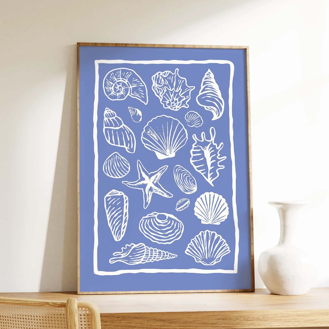 Periwinkle Blue Seashell Collage White Line Art Beach Poster - Image 3