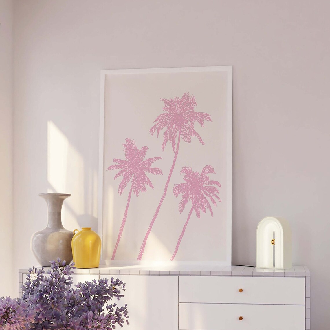 Pink Palm Trees Sketch Cream Minimal Tropical Summer Beach Poster - Image 3