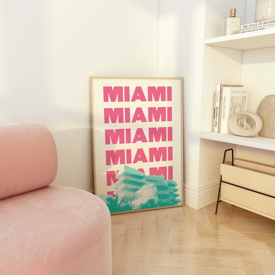 Miami Beach Pink Retro Typography Art Deco Building Travel Poster - Image 4