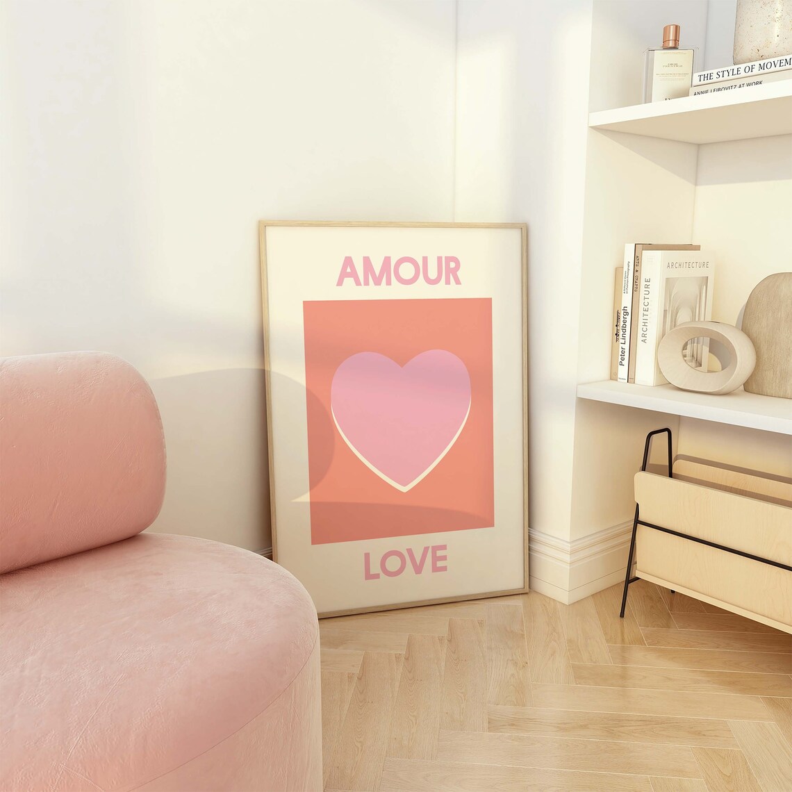 Amour Love Pink Heart Retro French Typography Valentine Poster - Image 2