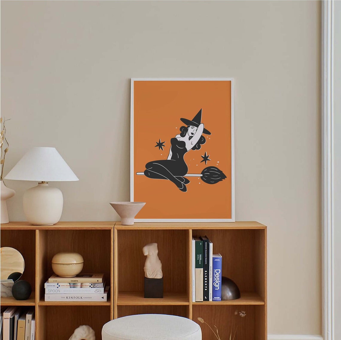 Pin Up Witch Riding Broom Orange Cute Retro Halloween Art Poster - Image 4