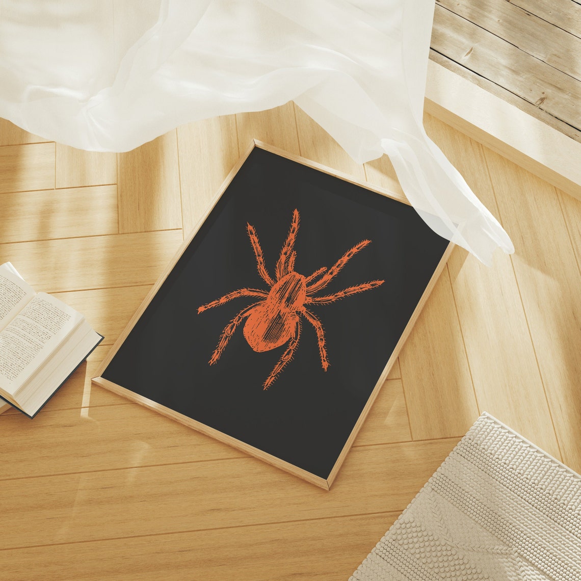 Orange Spider on Black Spooky Halloween Art Poster for Fall Decor - Image 2
