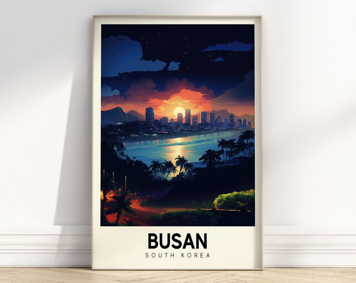 Busan South Korea Sunset Beach City Night Skyline Travel Poster