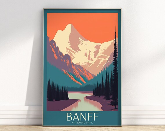 Banff National Park Snowy Mountain Retro Travel Style Poster
