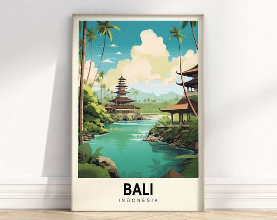 Bali Indonesia Temple Lagoon Tropical Retro Travel Style Poster