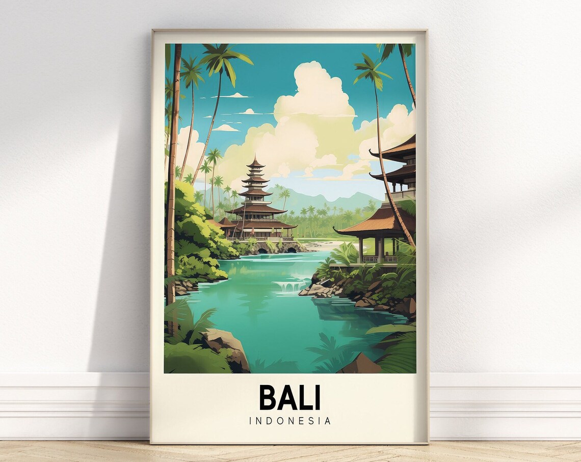 Bali Indonesia Temple Lagoon Tropical Retro Travel Style Poster