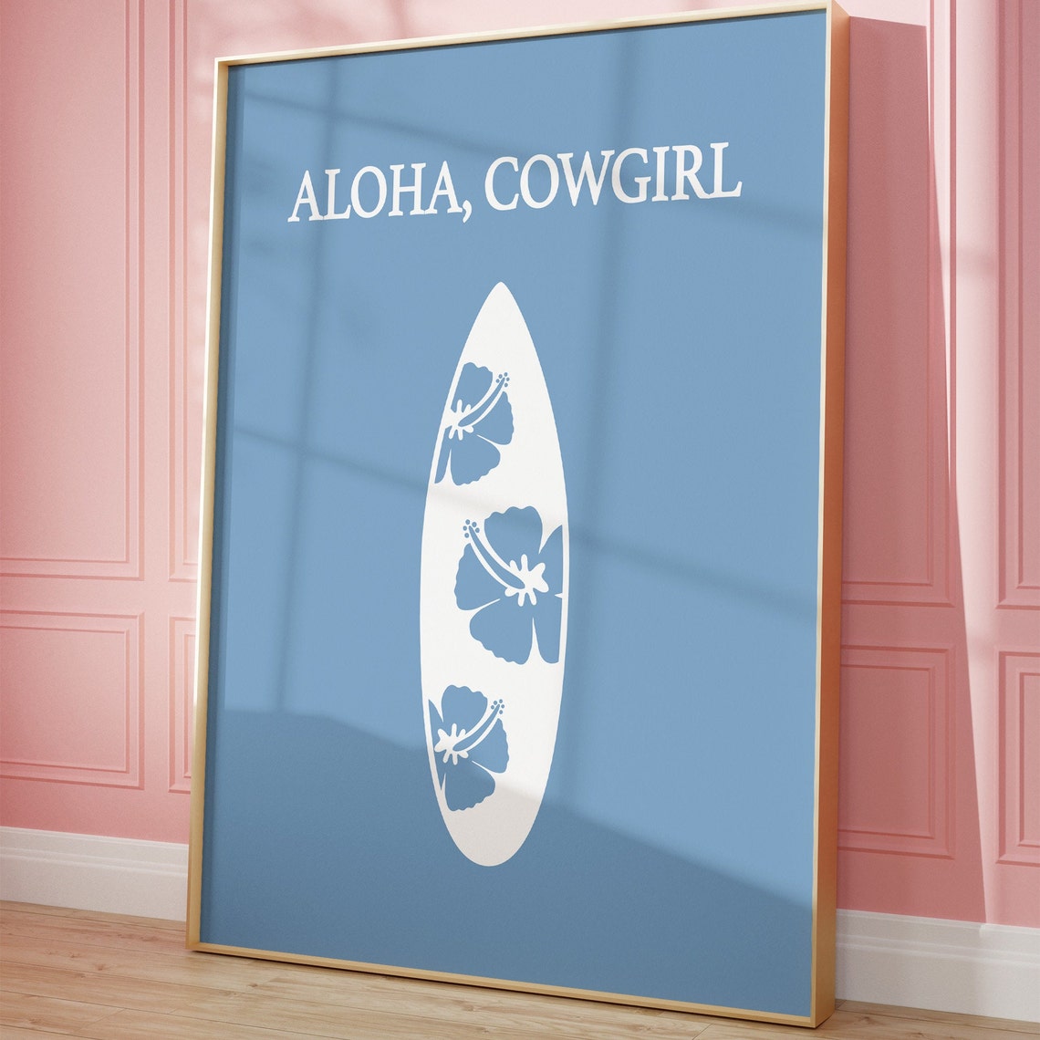 Aloha Cowgirl Blue Surfboard Hibiscus Flower Coastal Quote Poster - Image 2
