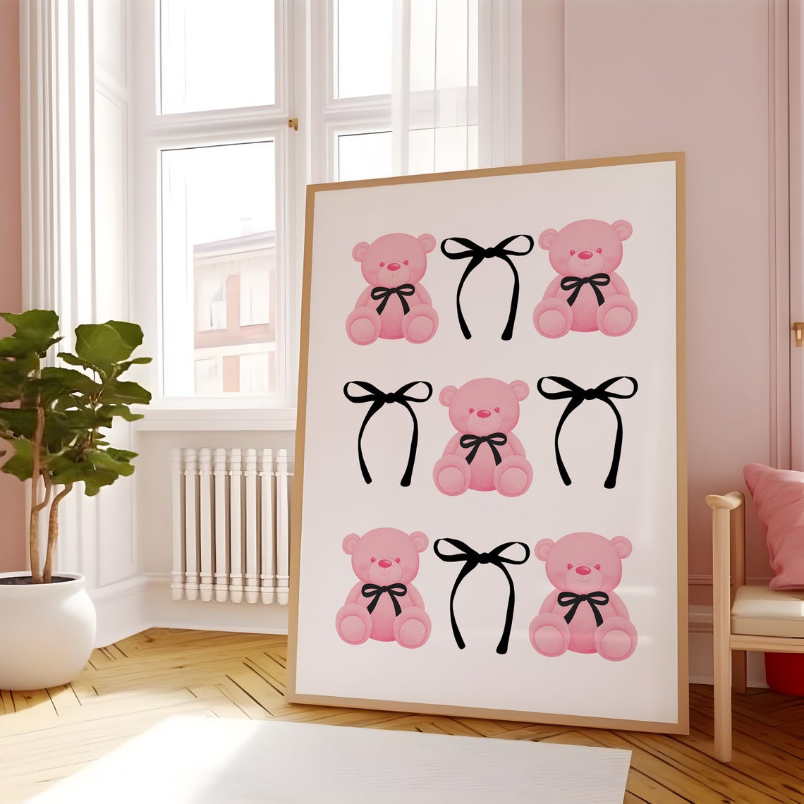 Pink Teddy Bears With Black Bows Coquette Cute Nursery Art Poster - Image 2