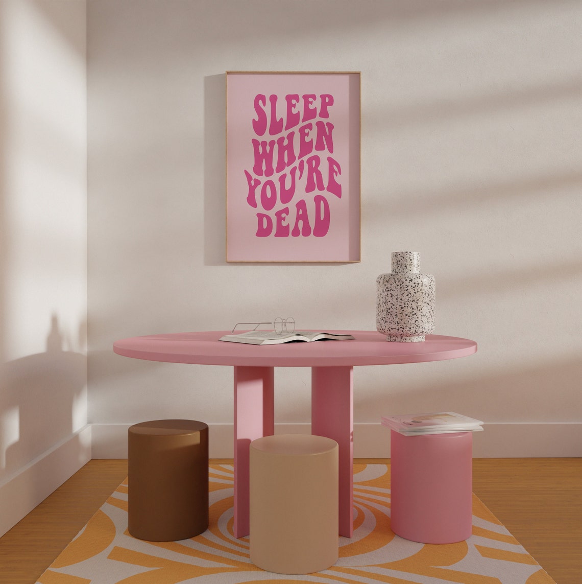 Sleep When Youre Dead Pink Retro Wavy Typography Quote Wall Art - Image 4