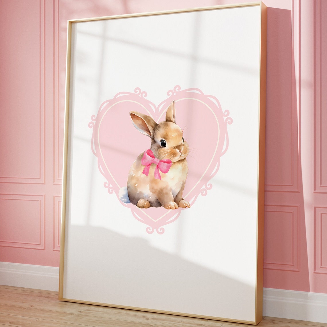 Cute Bunny with Pink Bow Watercolor Coquette Room Decor Poster - Image 3