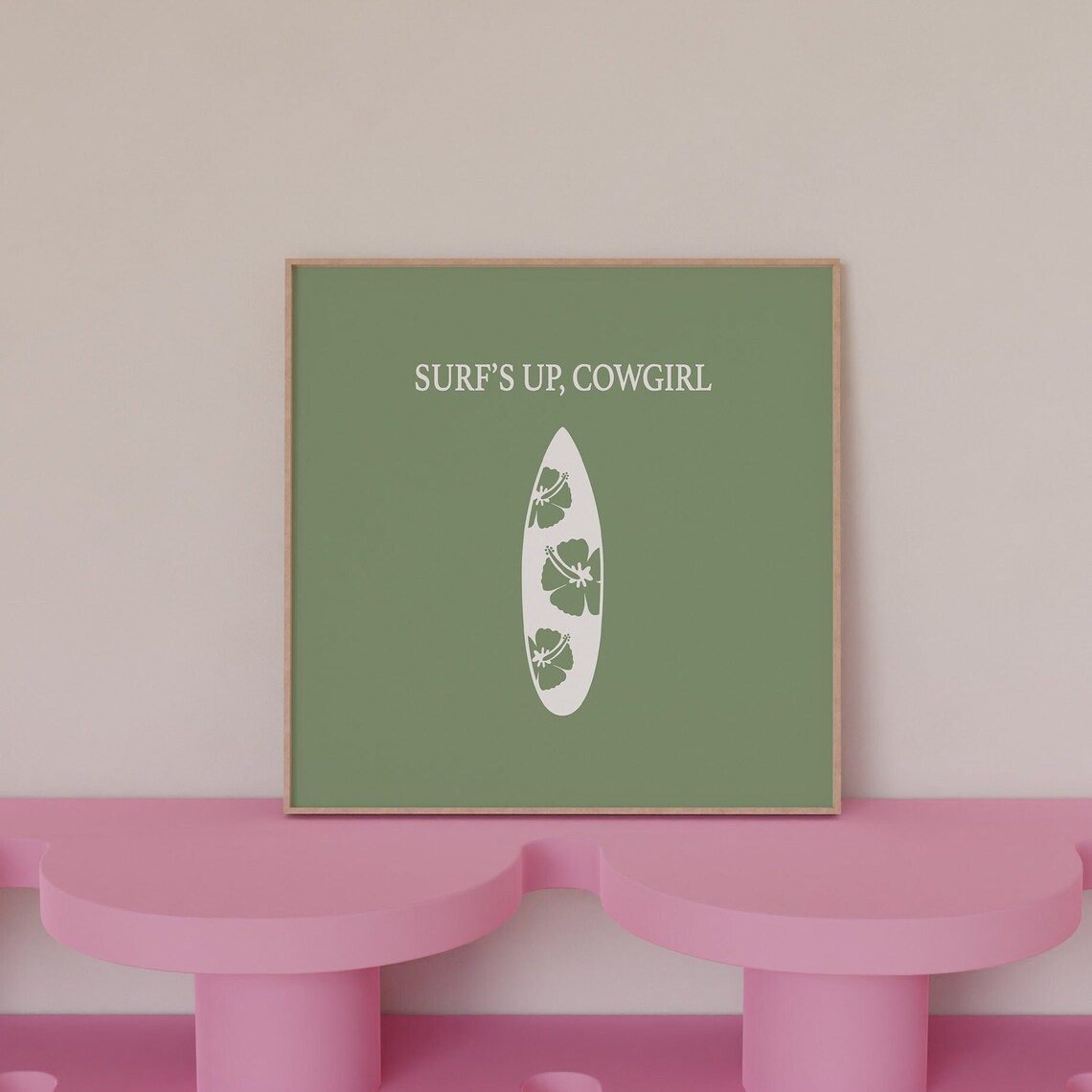 Surf's Up Cowgirl Sage Green Surfboard Hibiscus Beach Poster - Image 4