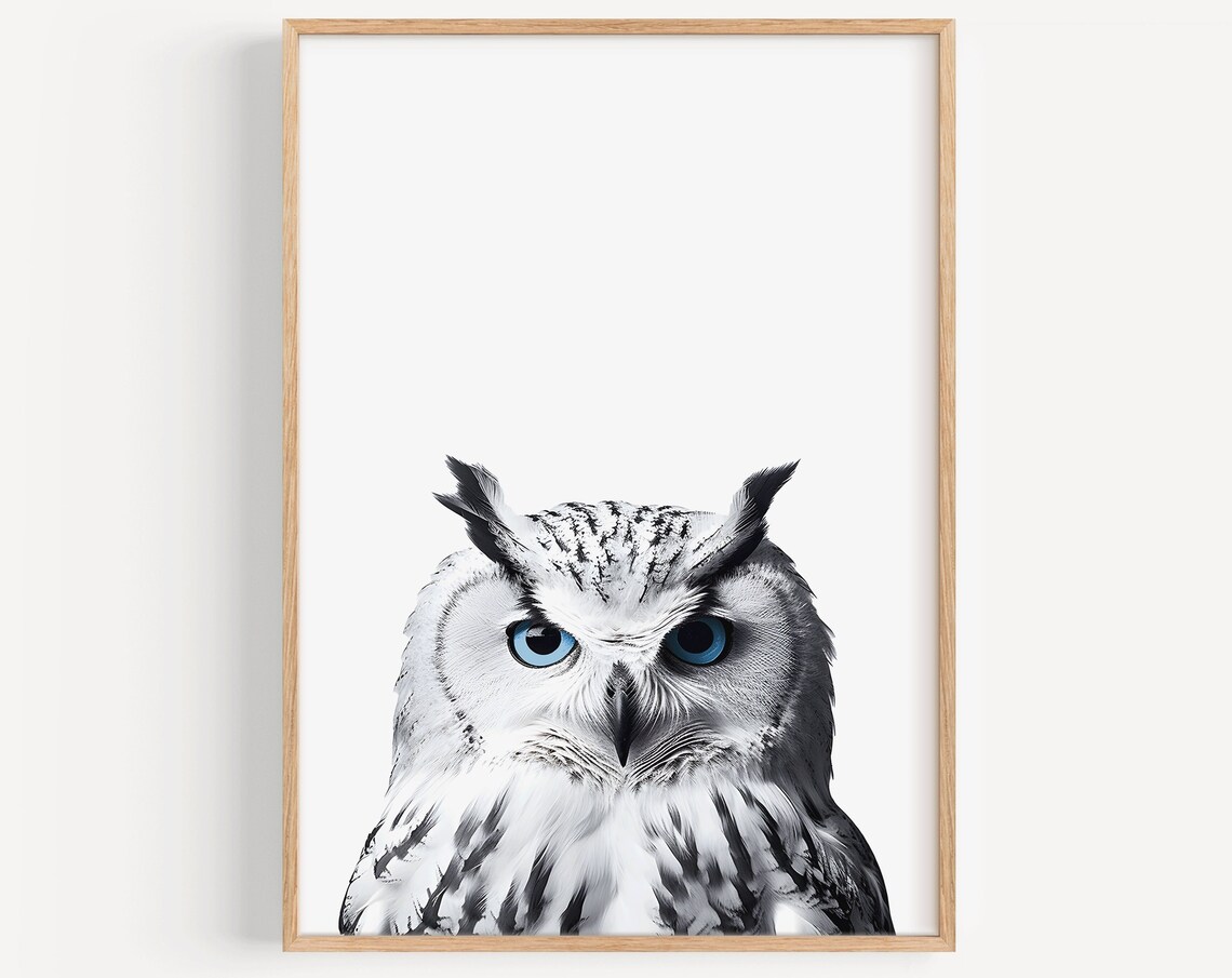 White Owl with Striking Blue Eyes Minimalist Wildlife Art Poster