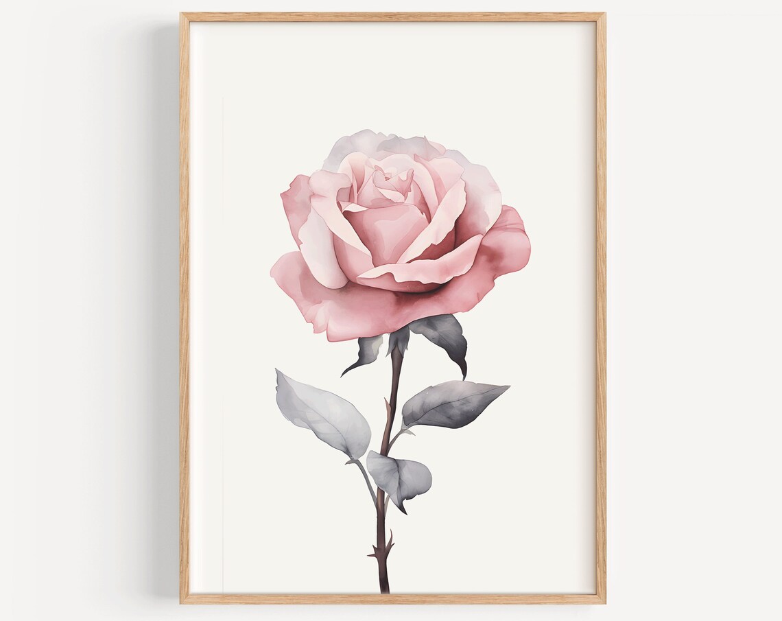 Single Pink Rose Watercolor Botanical Bloom on Cream Art Poster