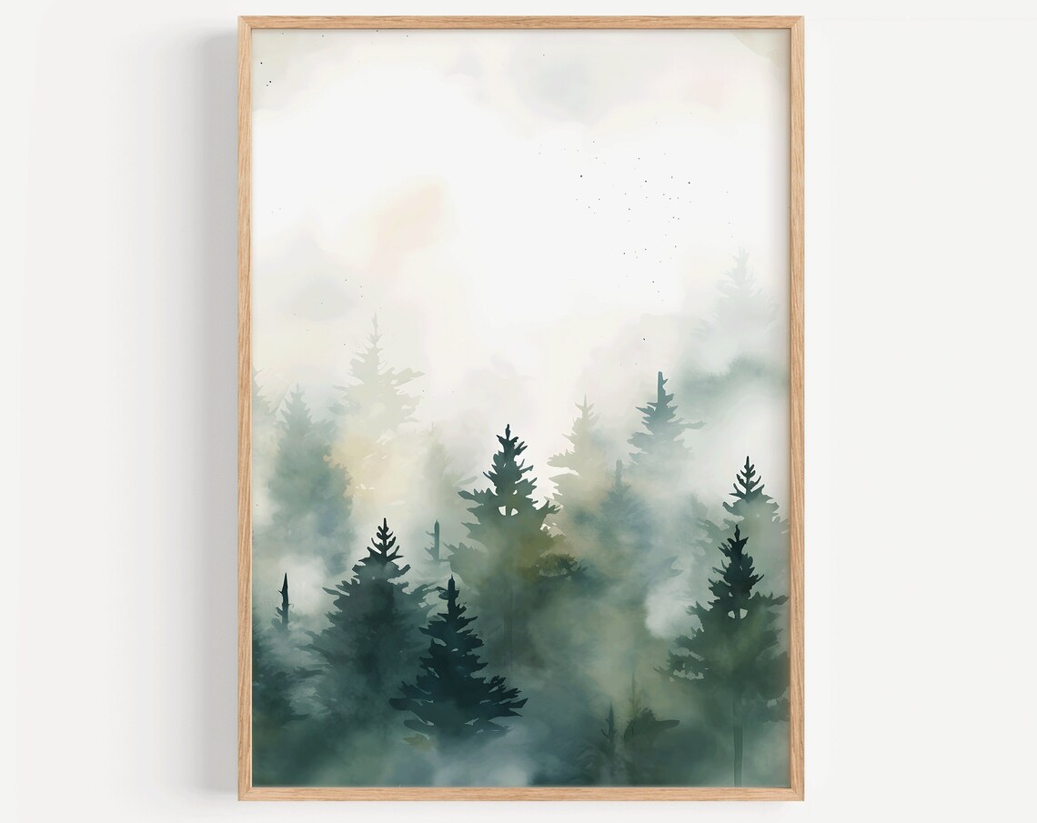 Misty Green Pine Forest Watercolor Dense Foggy Trees Wall Poster