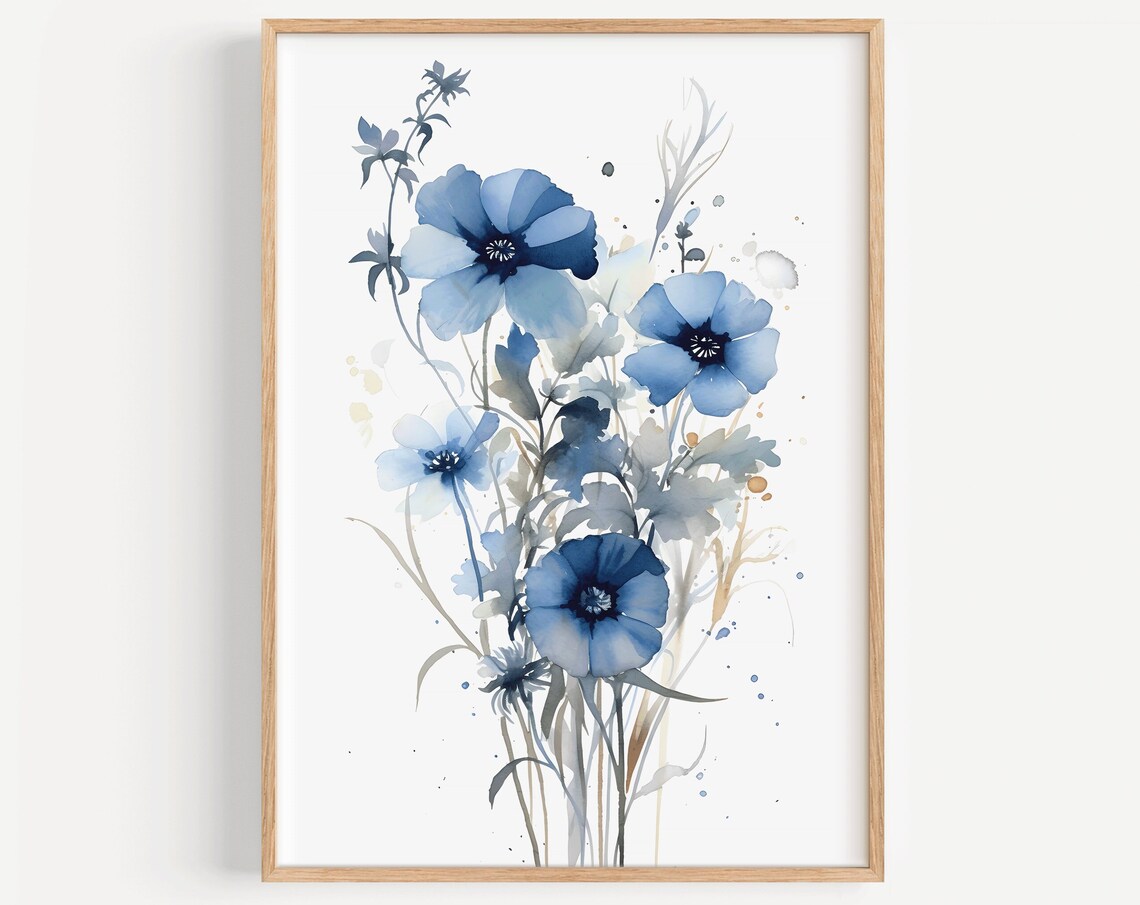 Blue Wildflowers Watercolor Bouquet Delicate Botanical Art Poster
