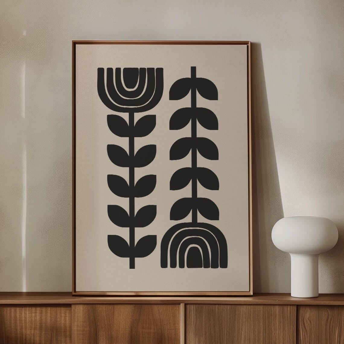Beige Black Floral Scandinavian Folk Art Print