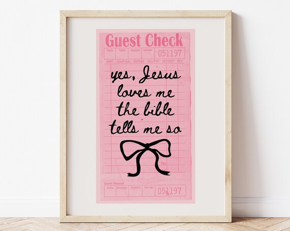 Jesus Loves Me Guest Check Coquette Room Decor Aesthetic Art Christian Wall Art Cute Trendy Poster Girly Art Pink Bow Wall Art