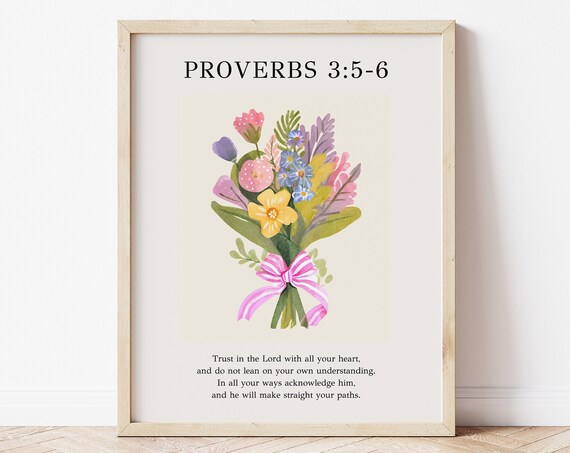 Proverbs 3:5-6 Trust in the Lord Watercolor Bouquet Pink Bow Floral Poster