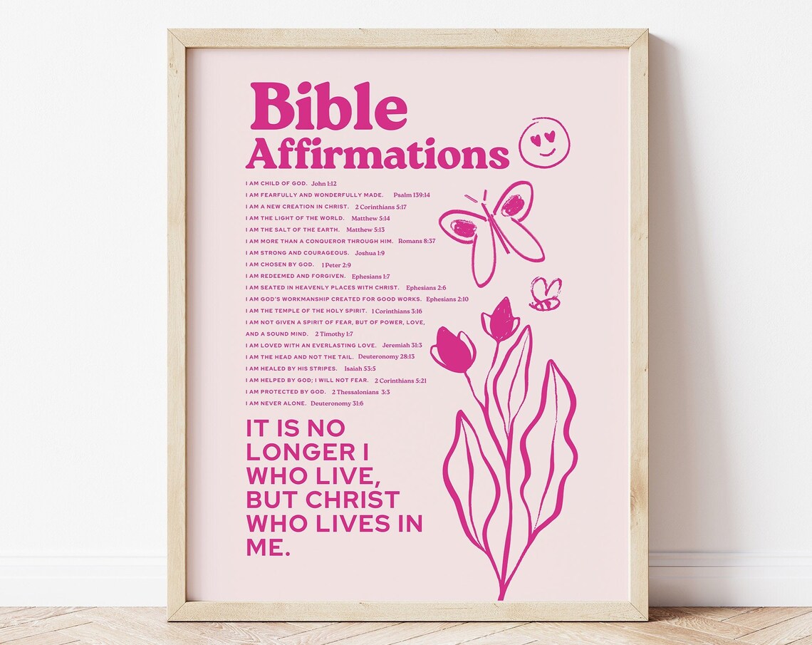 Bible Affirmations Pink Scripture List Butterfly Doodle Girly Faith Poster