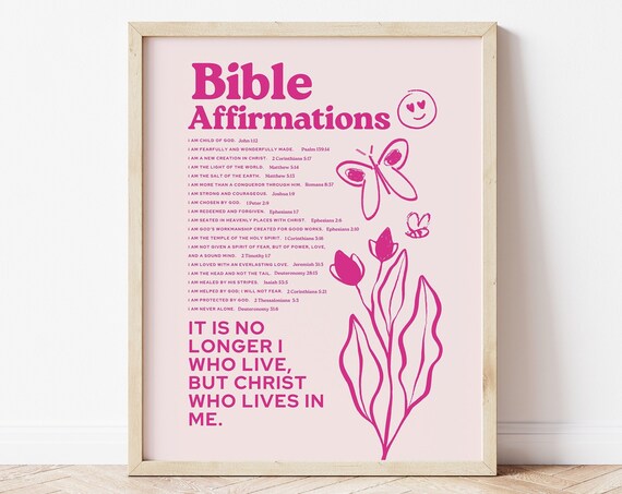 Bible Affirmations Pink Scripture List Butterfly Doodle Girly Faith Poster