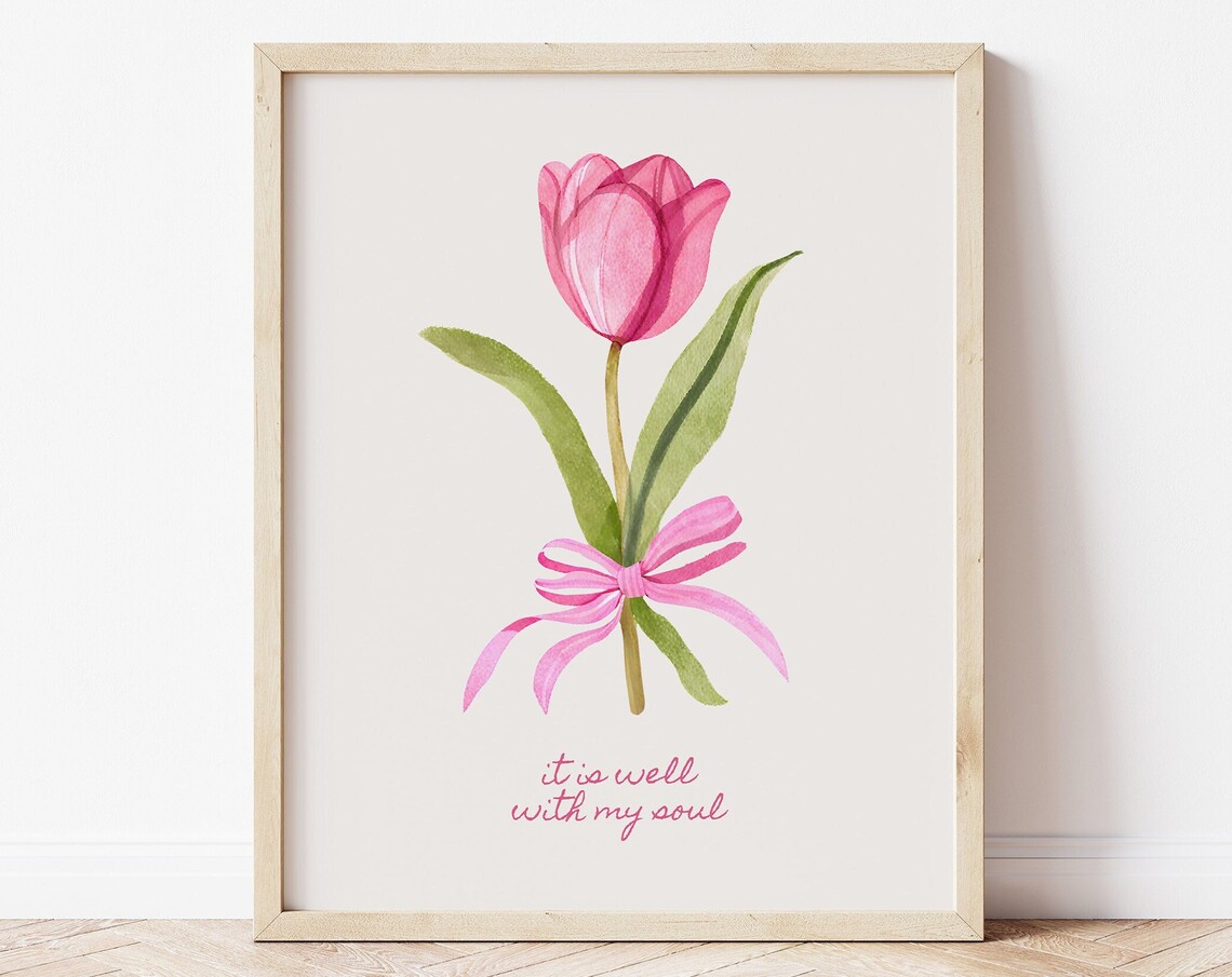It Is Well With My Soul Pink Tulip Bow Watercolor Art Poster
