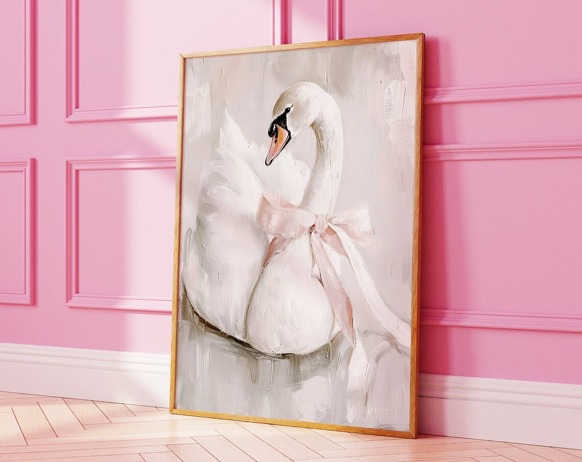 Swan With Pink Bow Nursery Decor Art Print