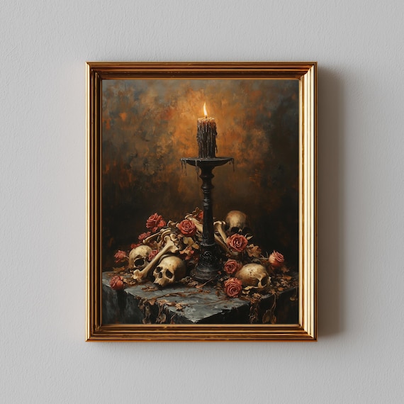 Vintage Candlestick With Skulls Moody Gothic Still Life Candlelit Ambiance Rustic Dark Art Unique Wall Decor Oil Painting 83