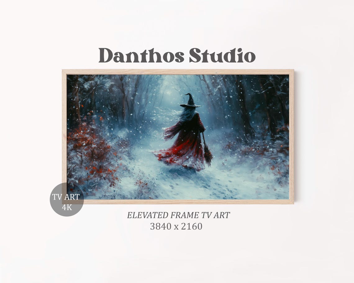 Witch In Red Dress Walking Through Snowy Winter Forest Poster
