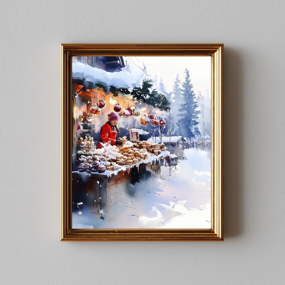 Snowy Christmas Market Stall Watercolor Holiday Painting Poster